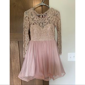 Pink Lace Tulle Long Sleeve Formal Homecoming Dress Size 1 Sparkly Sequin